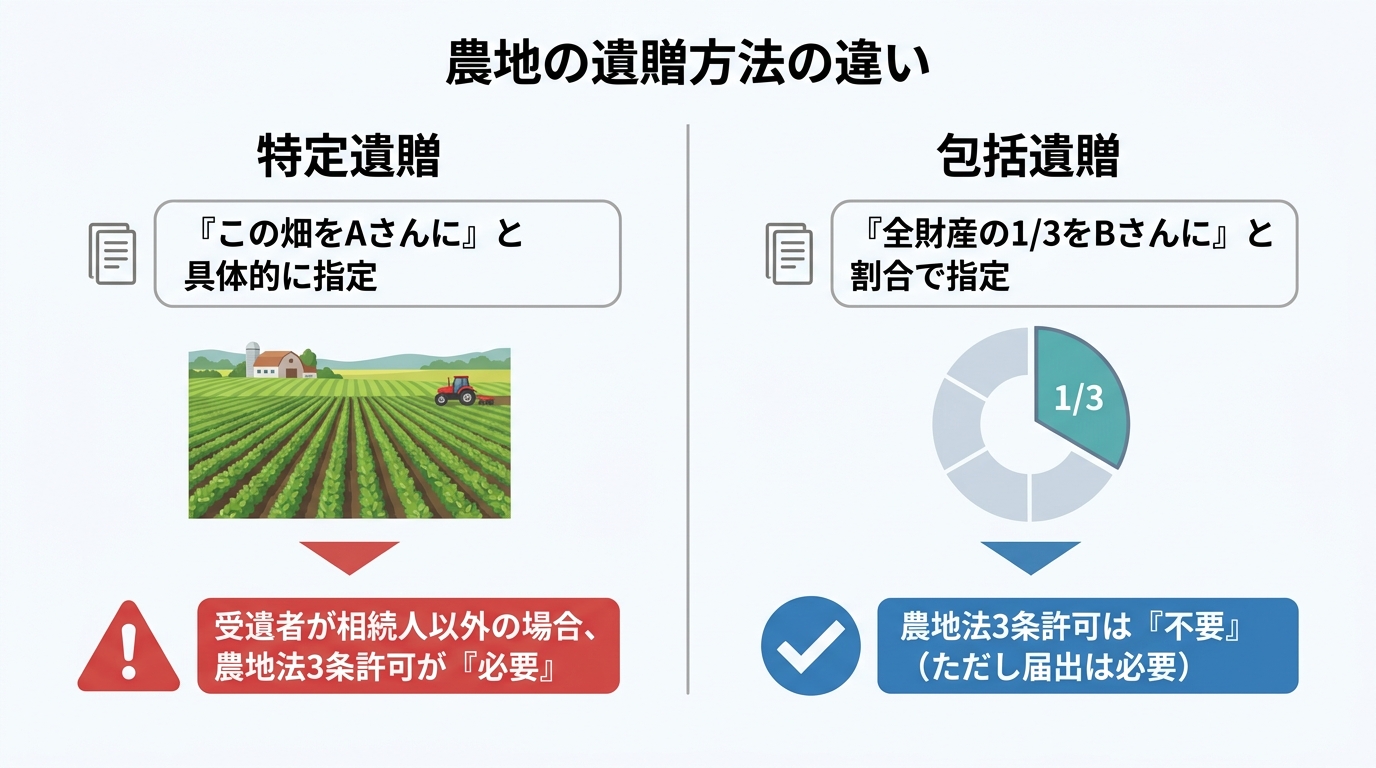 農地の特定遺贈と包括遺贈の違いを比較する図解。特定遺贈は財産を指定し許可が必要な場合があり、包括遺贈は割合で指定し許可は不要であることを示している。