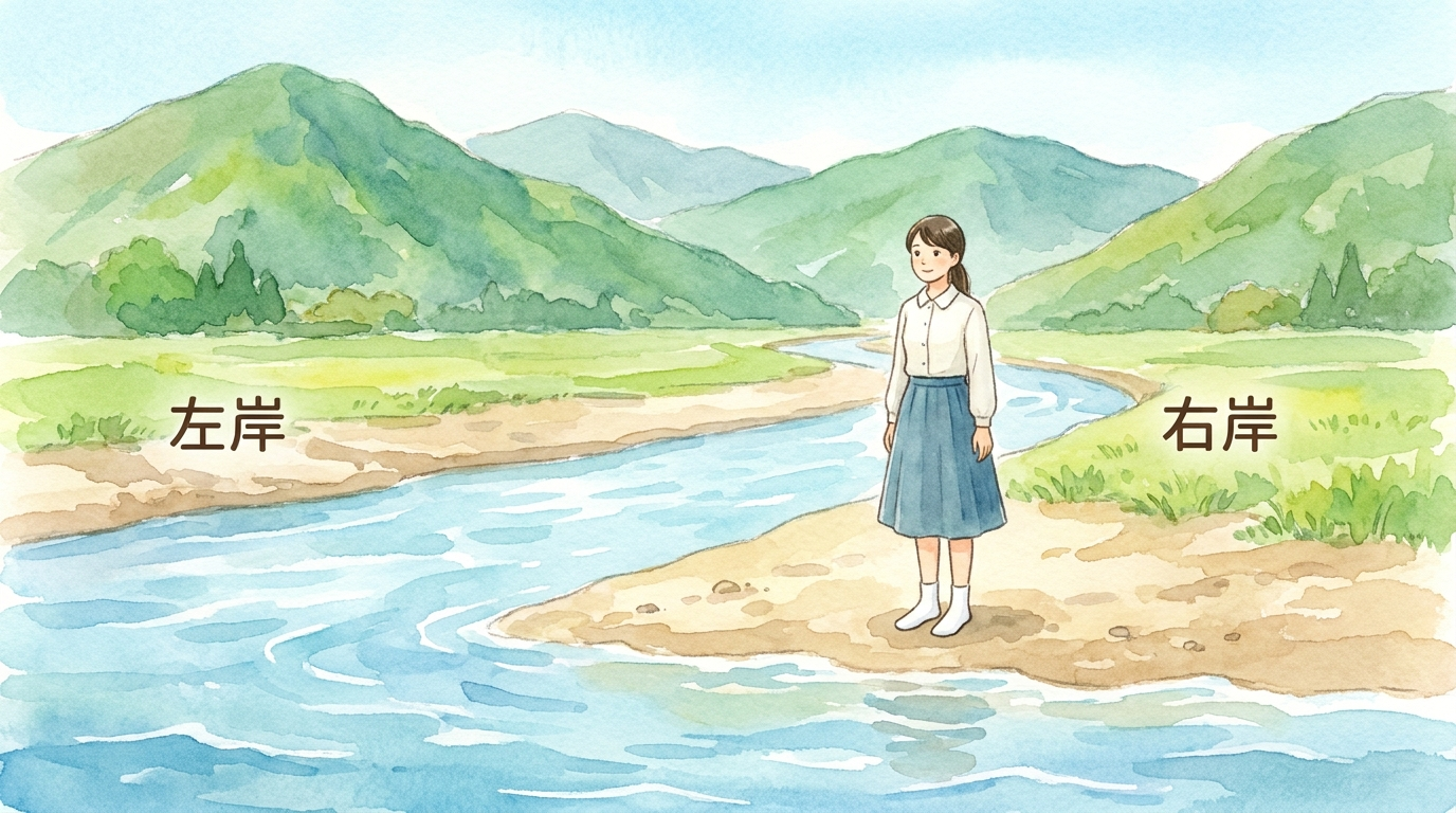 白い靴下を履いた女性が山を背に海を向いて立ち、右手側が右岸、左手側が左岸であることを示すイラスト