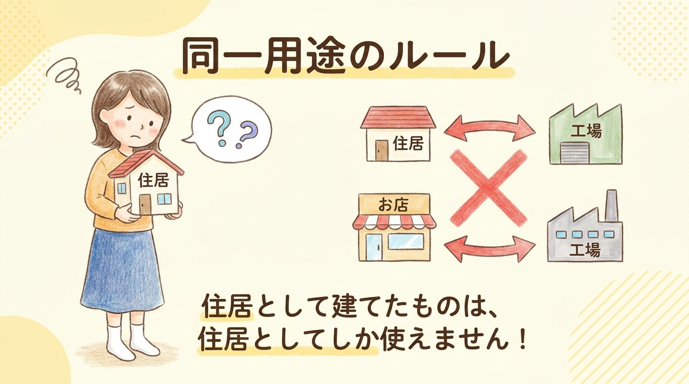 線引き前宅地の建て替えにおける同一用途のルールを説明するイラスト。住居を壊した場合、次に建てられるのも住居でなければならず、お店や工場にはできないことを示している。