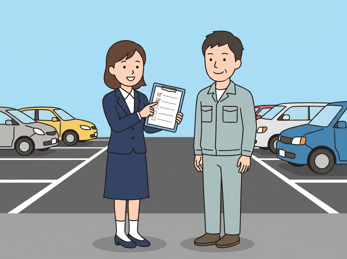 女性行政書士が駐車場で依頼主に工事完了報告書の説明をしているイラスト。手続きが順調に進んでいる様子を表している。