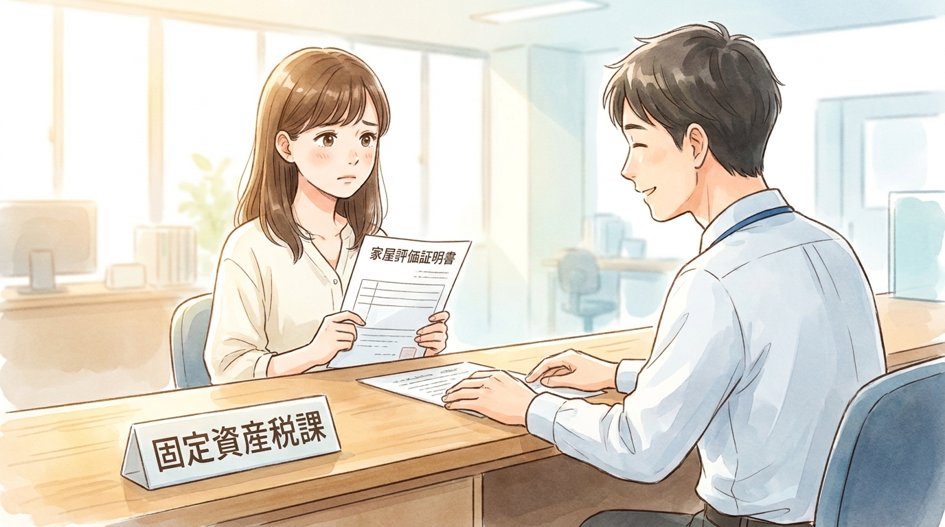 市区町村役場の固定資産税課の窓口で、相続した未登記建物について相談している女性のイラスト。
