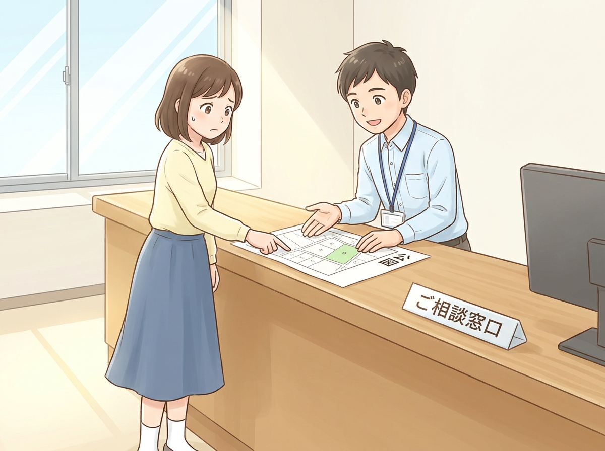 市役所の窓口で、法定外公共物の払い下げについて相談している女性のイラスト。手続きの第一歩である事前相談の重要性を示している。