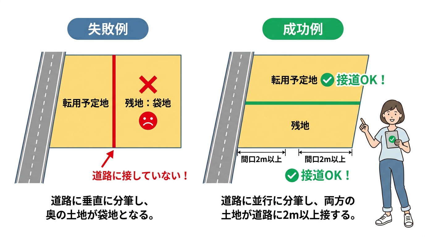 農地分筆における失敗例(袋地化)と成功例(転用後・残地ともに接道要件を満たす)を比較した分かりやすい図解。