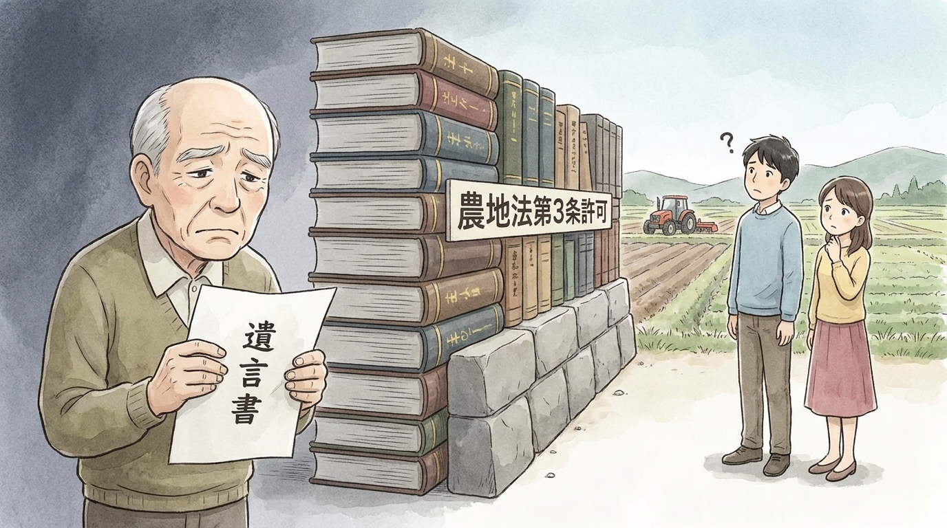 農地法第3条許可という壁に阻まれ、遺言書に書かれた想いが受遺者に届かず、関係者が困惑している様子を描いたイラスト。