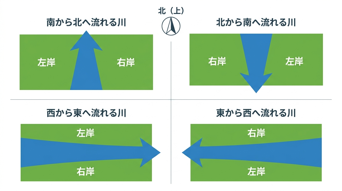 地図上の川の流れる4つの向き（南北・東西）と右岸・左岸の位置関係を示した図解