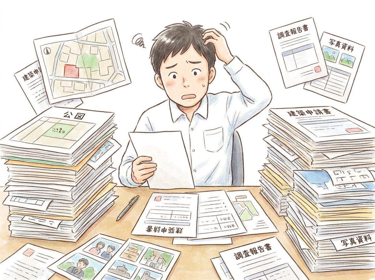 国有地払い下げの複雑な書類準備に悩む男性のイラスト。手続きの難しさや注意点が必要であることを示唆している。